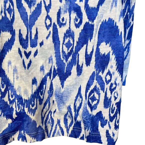 Chicos Womens Ikat Split V Neck 100% Linen Blue Knit Top Long Sleeve White 1/ M - Picture 11 of 16